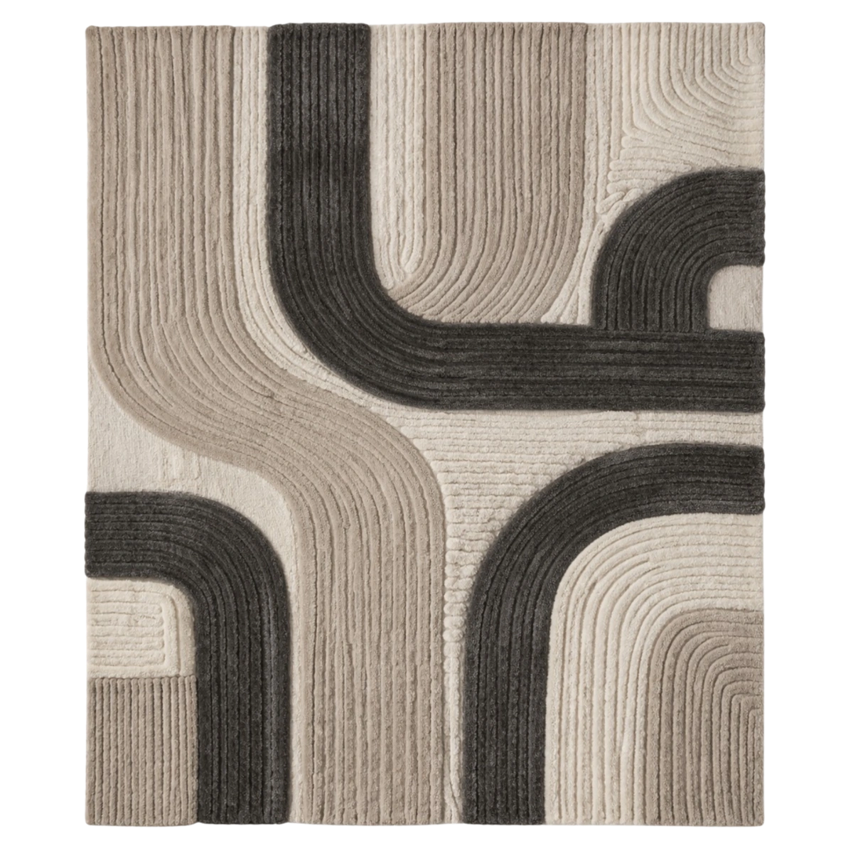 A square area rug with a modern abstract design featuring concentric curved lines in beige, taupe, and charcoal gray.
