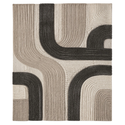 A square area rug with a modern abstract design featuring concentric curved lines in beige, taupe, and charcoal gray.