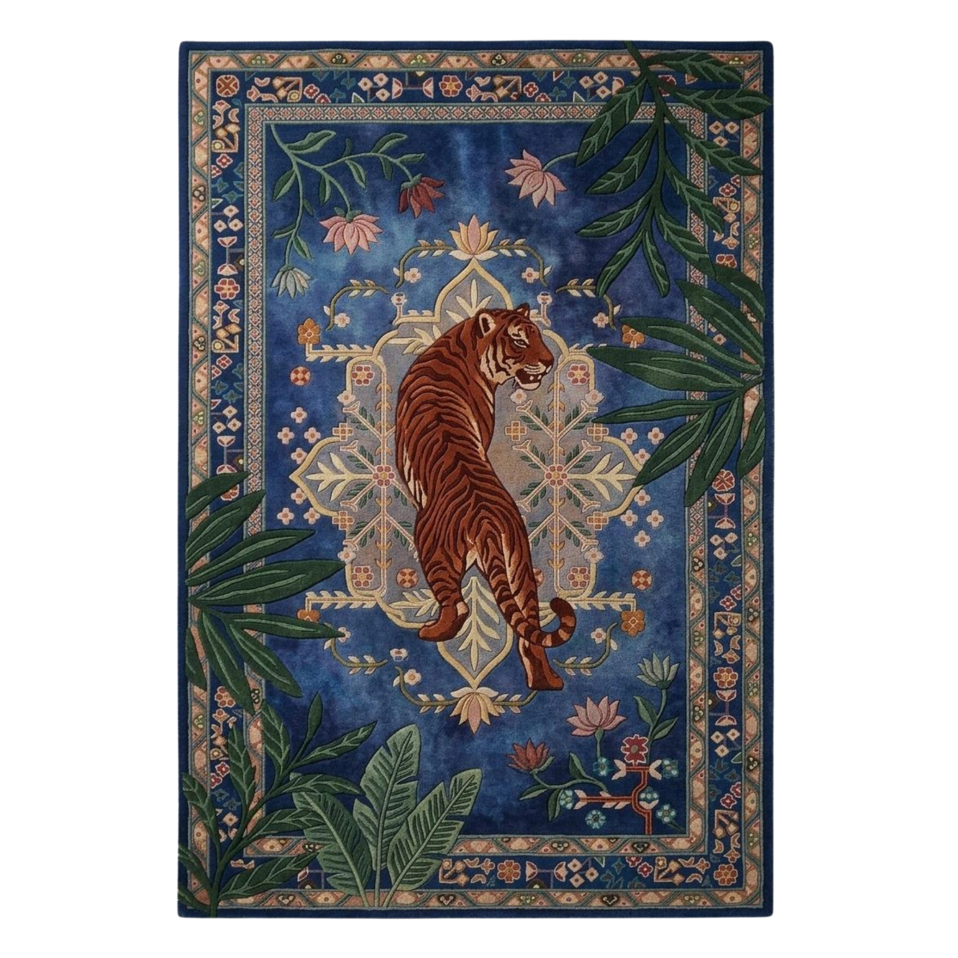 Blue tiger botanical hand-tufted wool area rug with ornate border and jungle foliage design