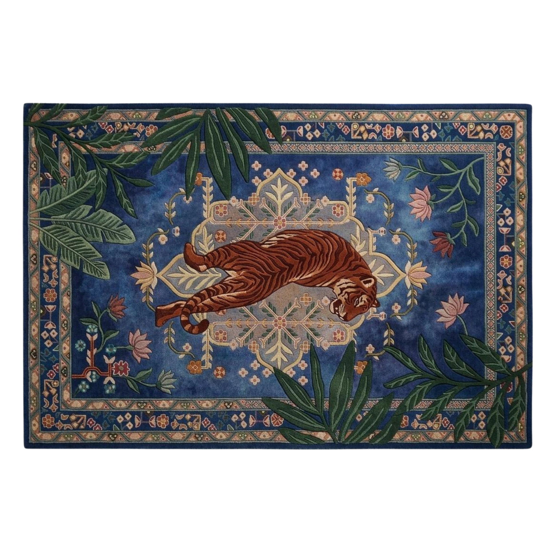 Luxury tiger wool rug with floral patterns and deep blue background for statement interiors