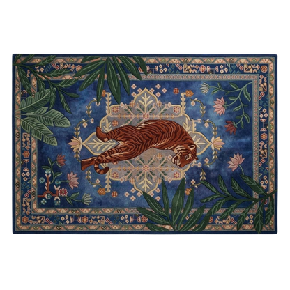 Luxury tiger wool rug with floral patterns and deep blue background for statement interiors