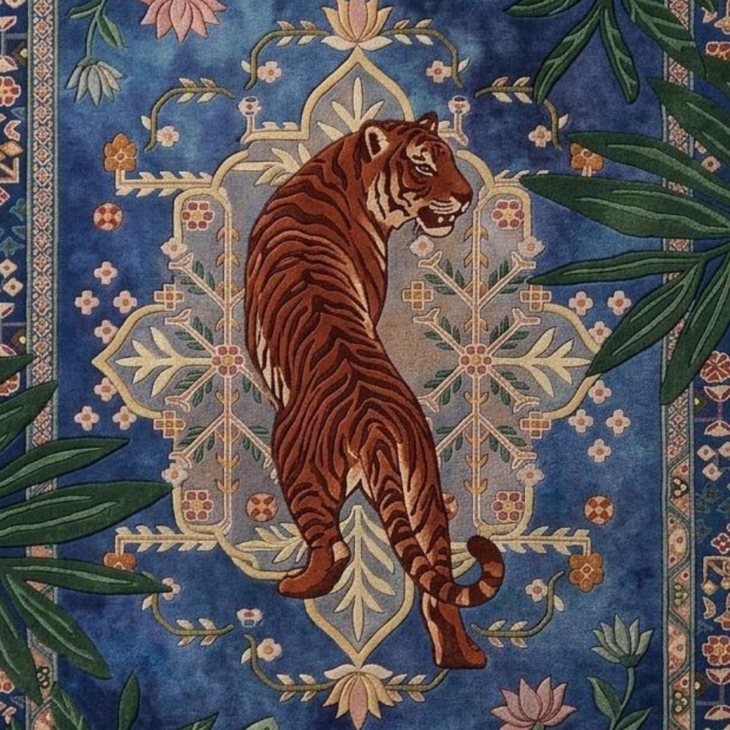 Hand-tufted wildlife rug featuring tiger motif with decorative borders and botanical accents