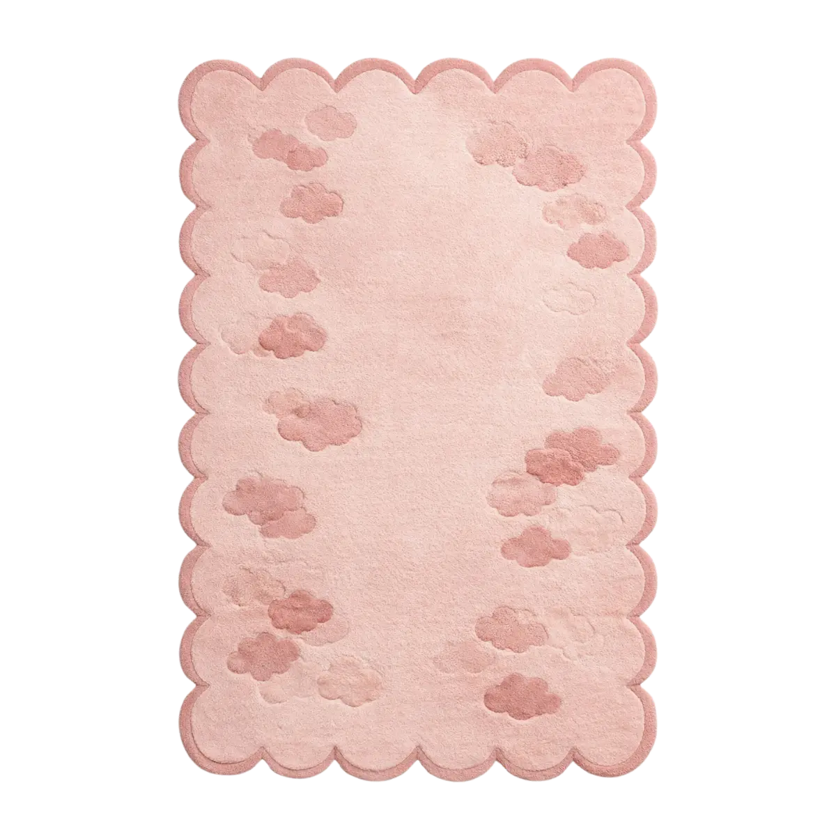 A rectangular pink rug with a scalloped border and embossed cloud patterns, shown flat against a white background.