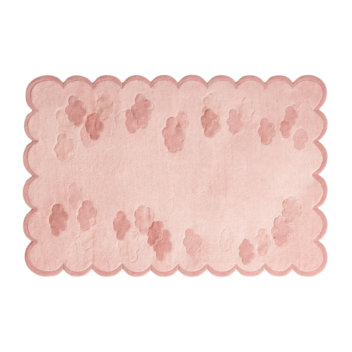 A rectangular pink rug with a scalloped edge and a scattered paw print pattern, shown on a plain white background.