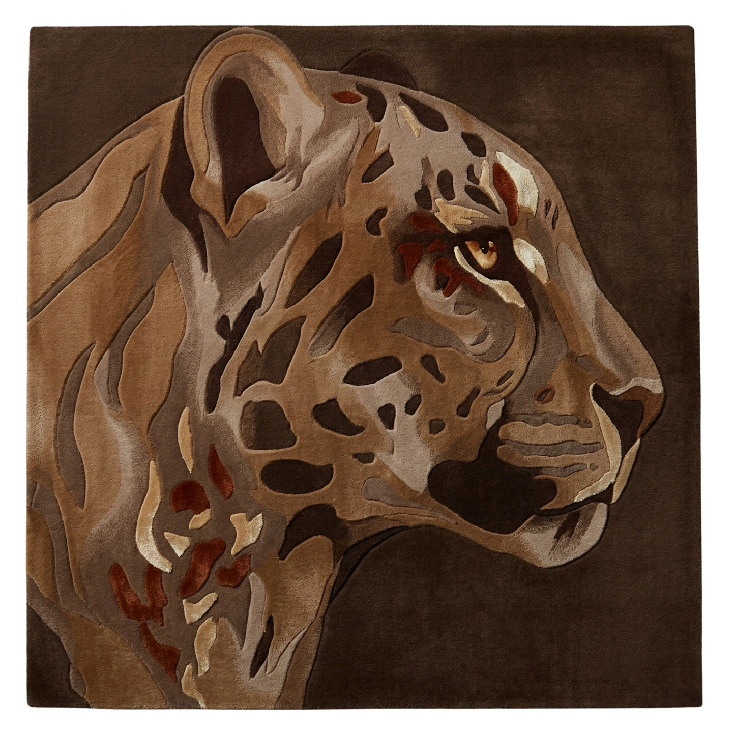 Brown leopard portrait hand tufted wool area rug, luxury wildlife statement rug for modern living room and bedroom decor