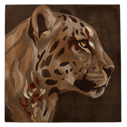 Brown leopard portrait hand tufted wool area rug, luxury wildlife statement rug for modern living room and bedroom decor