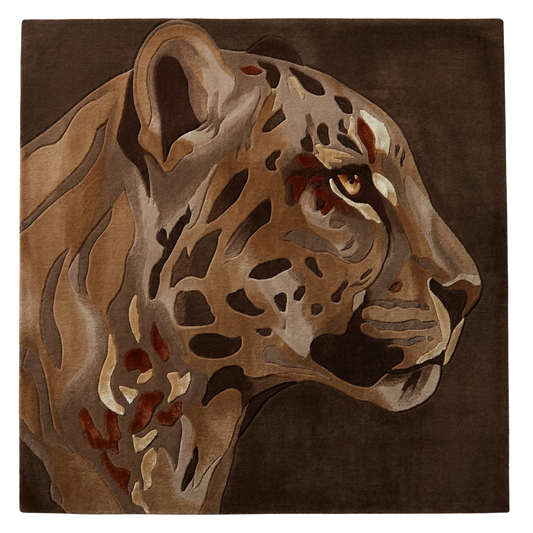 Brown leopard portrait hand tufted wool area rug, luxury wildlife statement rug for modern living room and bedroom decor