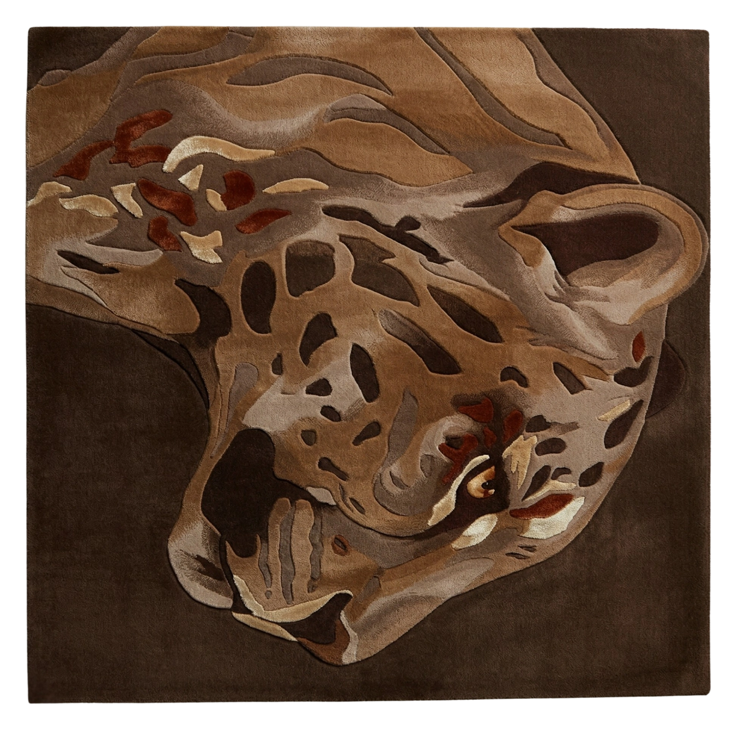Realistic leopard face hand tufted wool rug in earthy tones, premium animal design area rug for contemporary home interiors