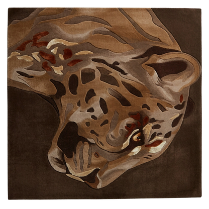 Realistic leopard face hand tufted wool rug in earthy tones, premium animal design area rug for contemporary home interiors