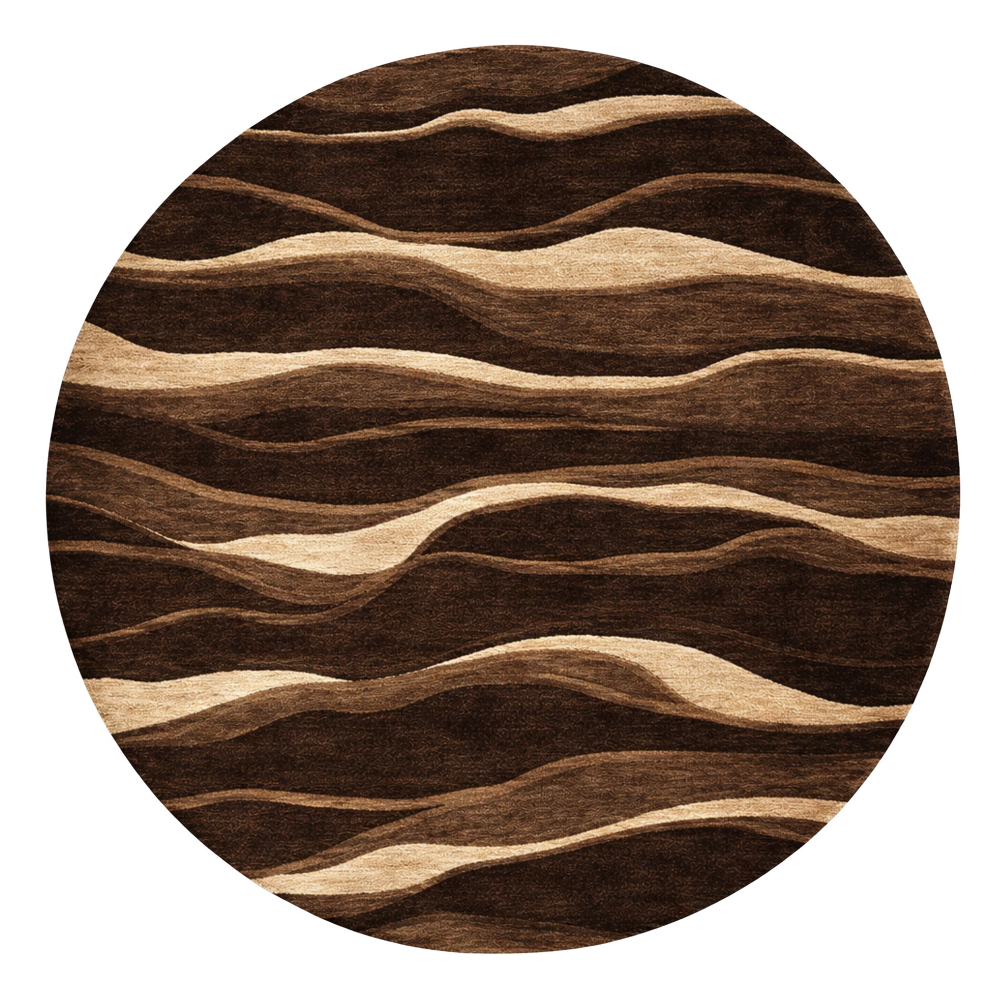 Brown abstract wave round hand-tufted wool rug with organic flowing pattern