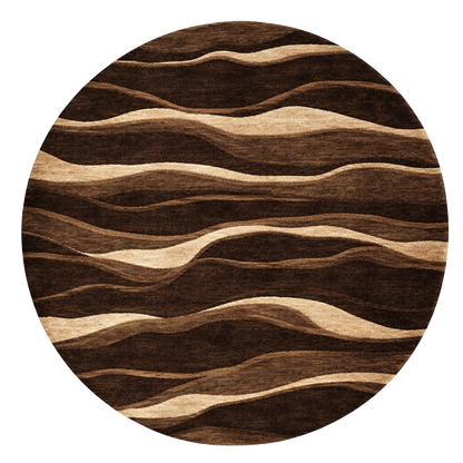 Brown abstract wave round hand-tufted wool rug with organic flowing pattern