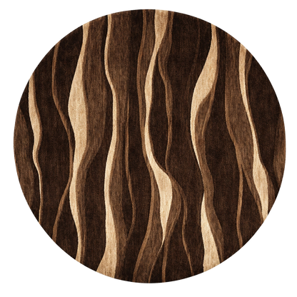 Modern round wool rug with woodgrain-inspired brown wave design