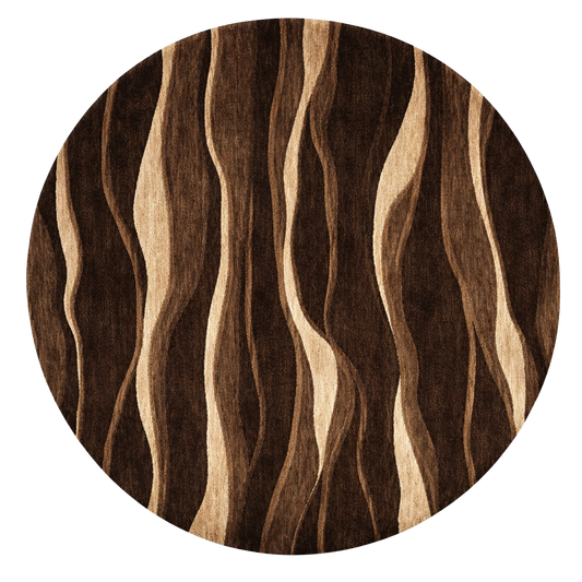 Modern round wool rug with woodgrain-inspired brown wave design