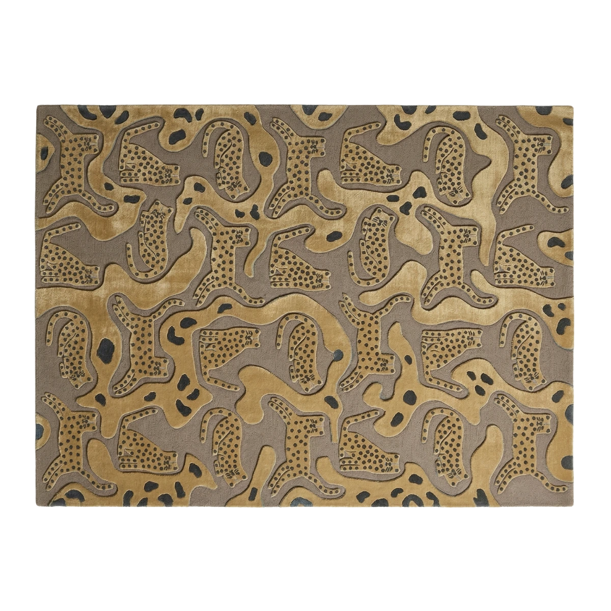 A rectangular area rug with an abstract organic pattern in shades of gold, brown, and black, shown flat against a white background.