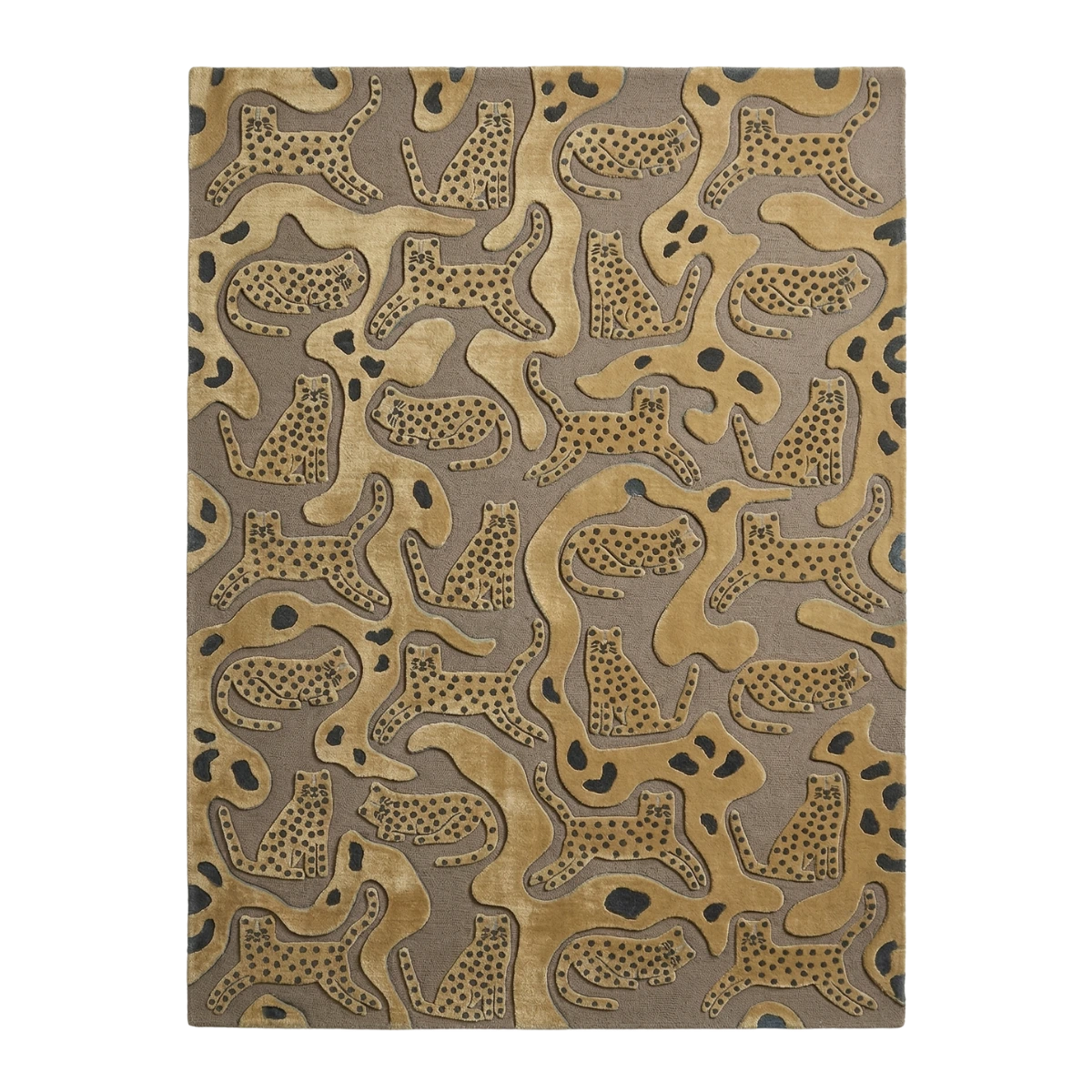 A rectangular area rug featuring an abstract pattern of stylized cheetahs in tan and brown tones with black spots, set against a taupe background.