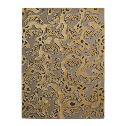 A rectangular area rug featuring an abstract pattern of stylized cheetahs in tan and brown tones with black spots, set against a taupe background.