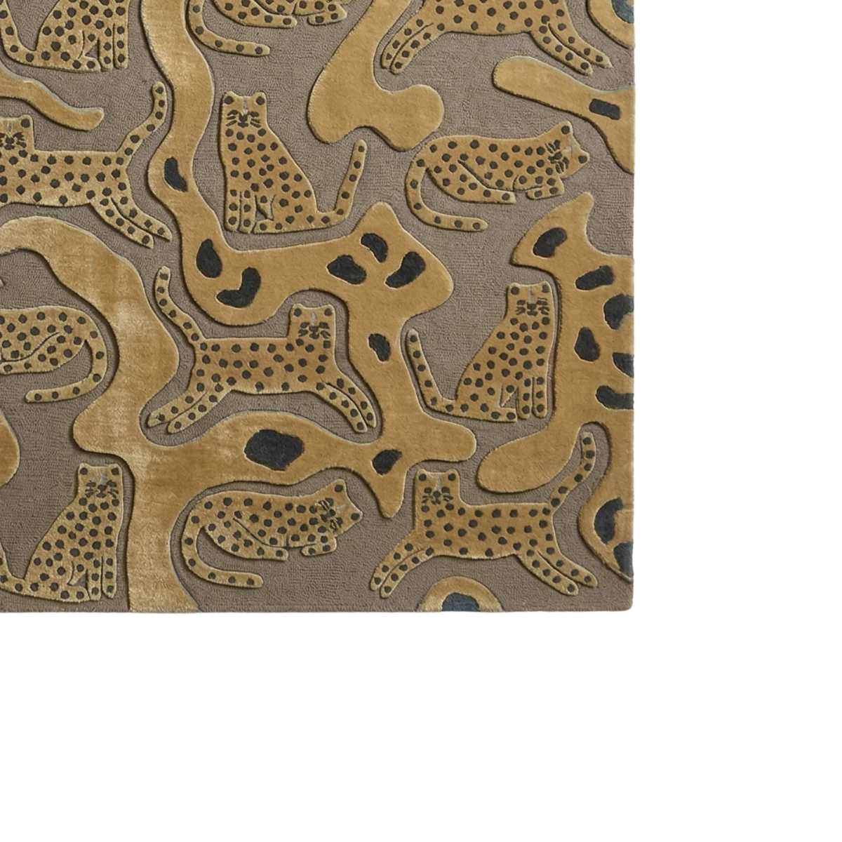 A close-up of a textured rug featuring a pattern of stylized leopard and cheetah cat silhouettes in tan and brown with black spots, set against a taupe-gray background.