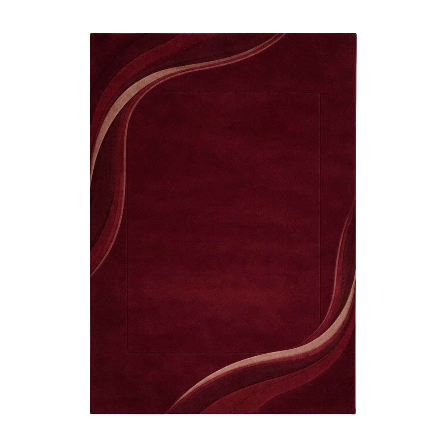 Burgundy abstract wave hand-tufted wool area rug with flowing corner design and deep red tones