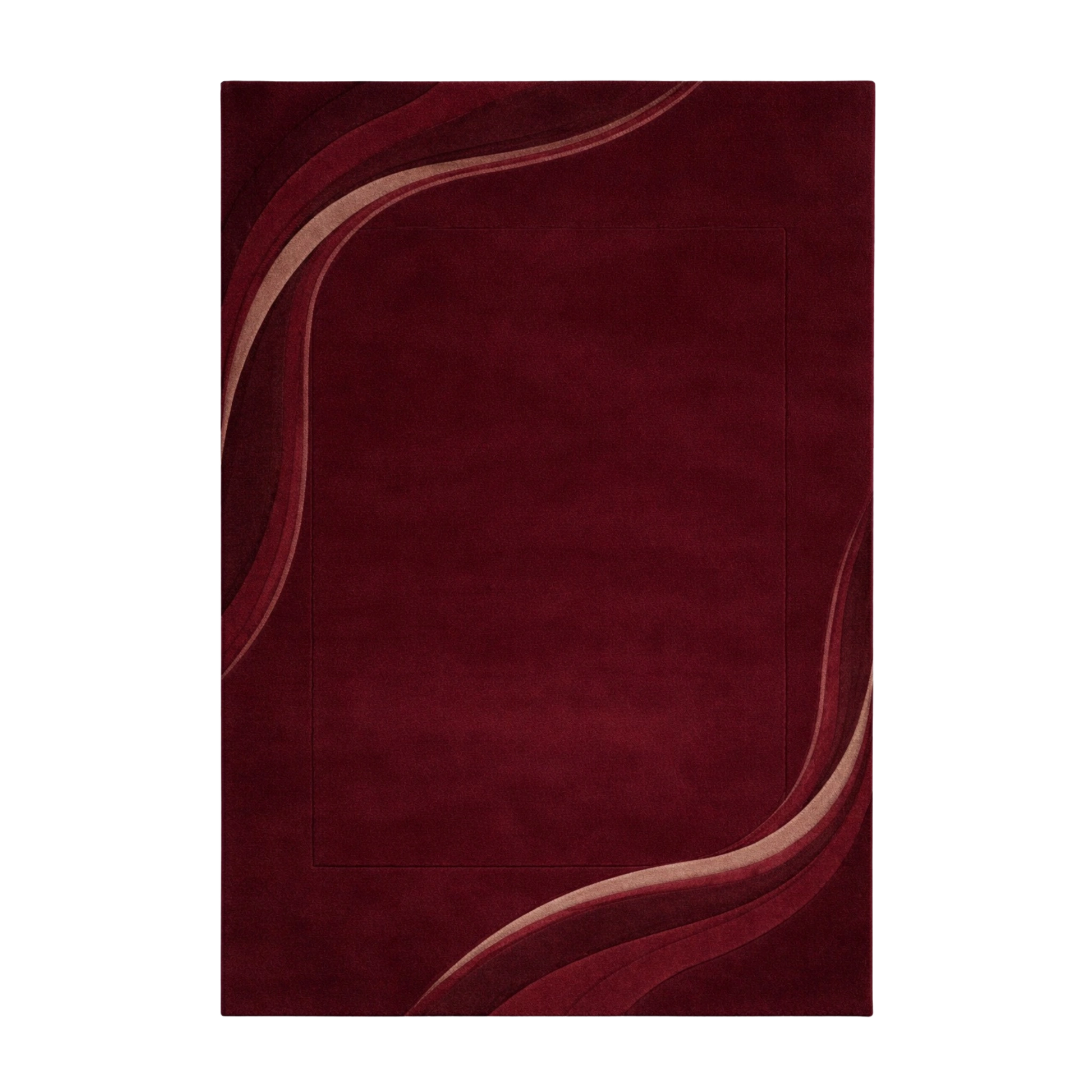 Burgundy abstract wave hand-tufted wool area rug with flowing corner design and deep red tones