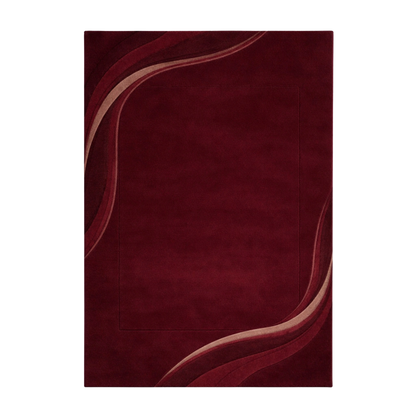 Burgundy abstract wave hand-tufted wool area rug with flowing corner design and deep red tones