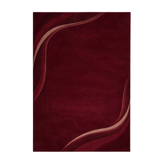 Burgundy abstract wave hand-tufted wool area rug with flowing corner design and deep red tones