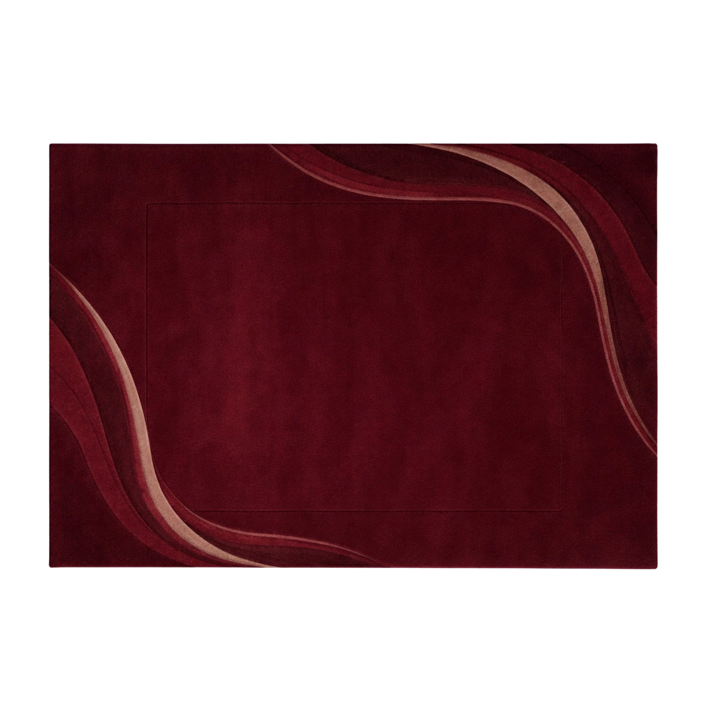 Modern burgundy hand-tufted rug with sculpted wave accents and minimal central field