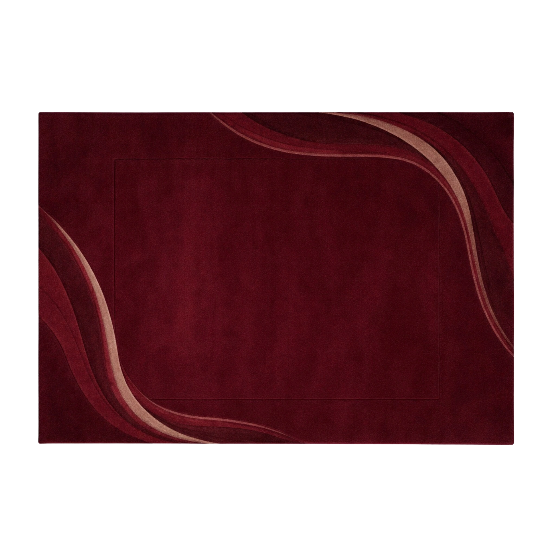 Modern burgundy hand-tufted rug with sculpted wave accents and minimal central field