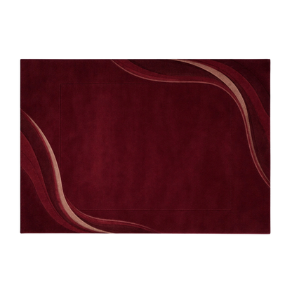 Modern burgundy hand-tufted rug with sculpted wave accents and minimal central field