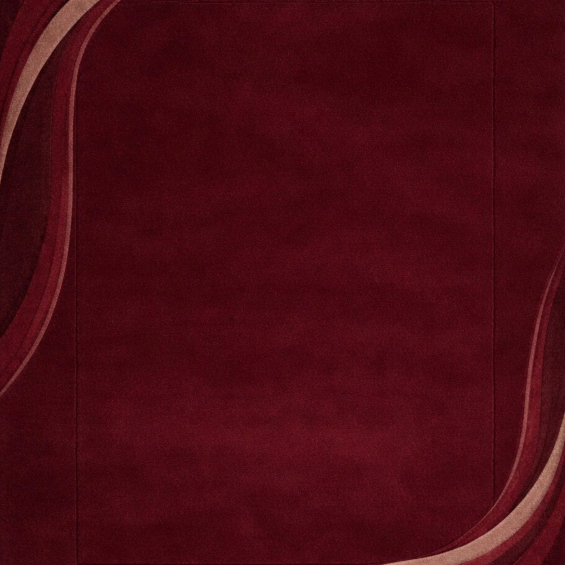 Luxury red wool area rug with abstract curved lines and tonal maroon detailing