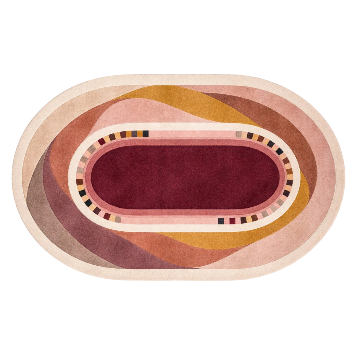 An oval area rug with a modern abstract design, featuring concentric shapes in dusty pink, mustard yellow, mauve, and a deep burgundy center, shown on a plain white background.