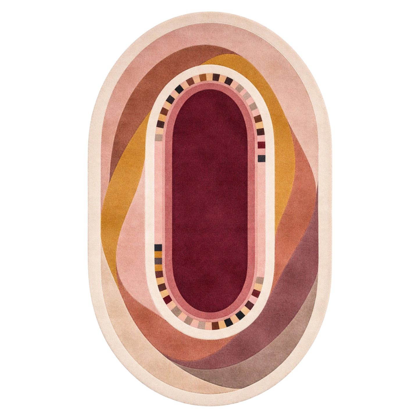 An oval area rug with a retro, abstract design featuring concentric shapes in dusty pink, mustard yellow, terracotta, and a deep burgundy center, shown on a solid white background.