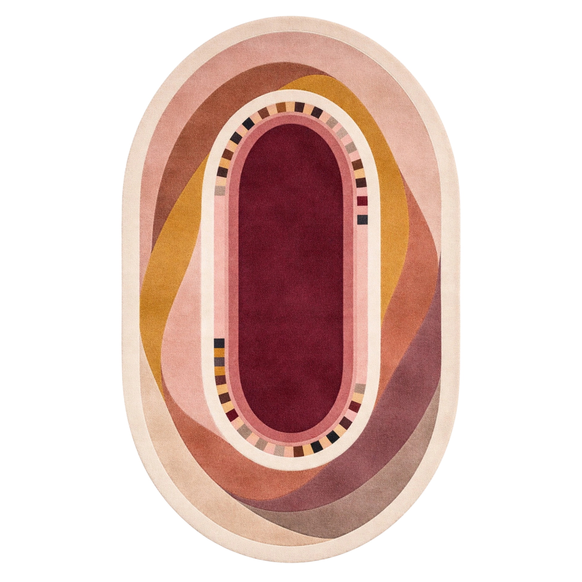 An oval area rug with a retro, abstract design featuring concentric shapes in dusty pink, mustard yellow, terracotta, and a deep burgundy center, shown on a solid white background.