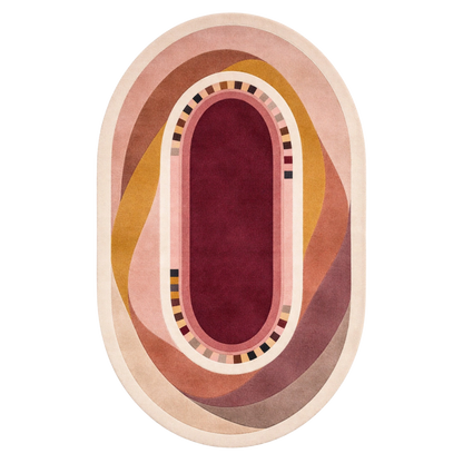 An oval area rug with a retro, abstract design featuring concentric shapes in dusty pink, mustard yellow, terracotta, and a deep burgundy center, shown on a solid white background.