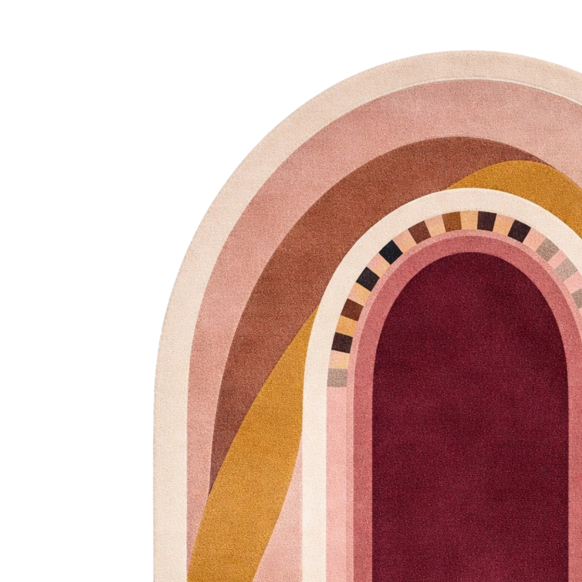 A close-up of a retro-style arched rug or textile design on a white background, featuring concentric arches in cream, blush pink, tan, mustard yellow, and deep burgundy with a small geometric border.