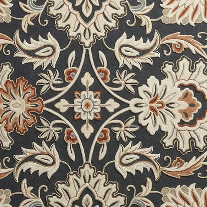 A close-up of an ornate floral patterned fabric or wallpaper in dark charcoal gray, cream, and rust orange tones.