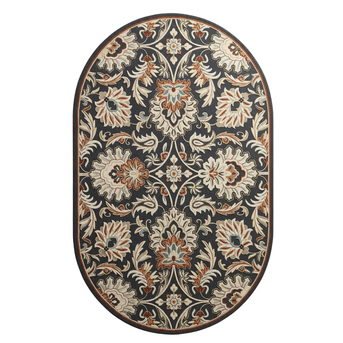 An oval area rug with an intricate floral and scroll pattern in beige, rust orange, and light blue on a dark charcoal gray background, shown against a plain white background.