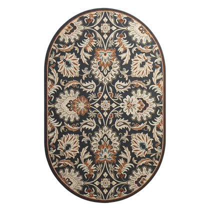 An oval area rug with an intricate floral and scroll pattern in beige, rust orange, and light blue on a dark charcoal gray background, shown against a plain white background.