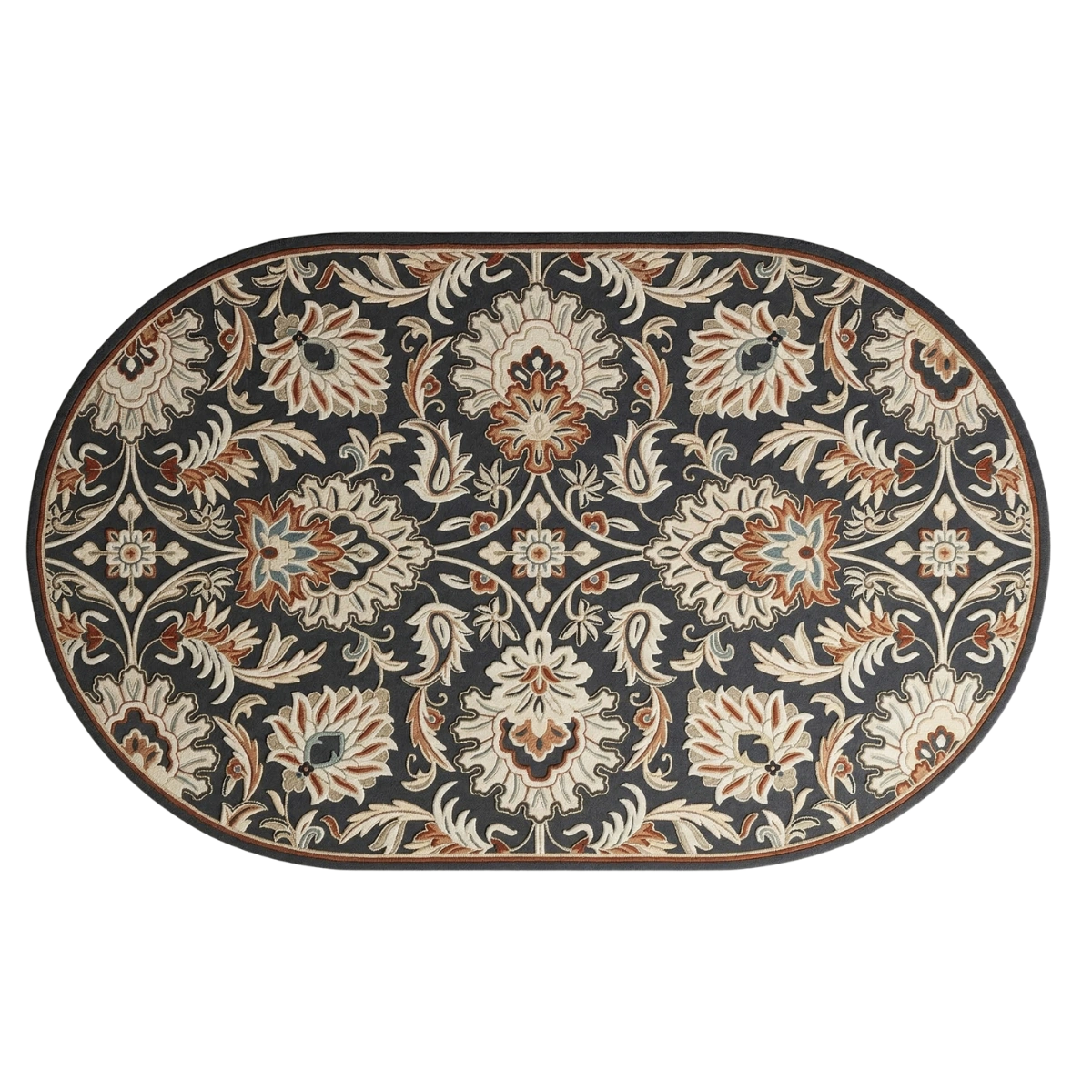 An oval area rug with an intricate floral damask pattern in beige, rust orange, and dark navy blue, shown flat against a white background.