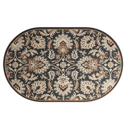 An oval area rug with an intricate floral damask pattern in beige, rust orange, and dark navy blue, shown flat against a white background.