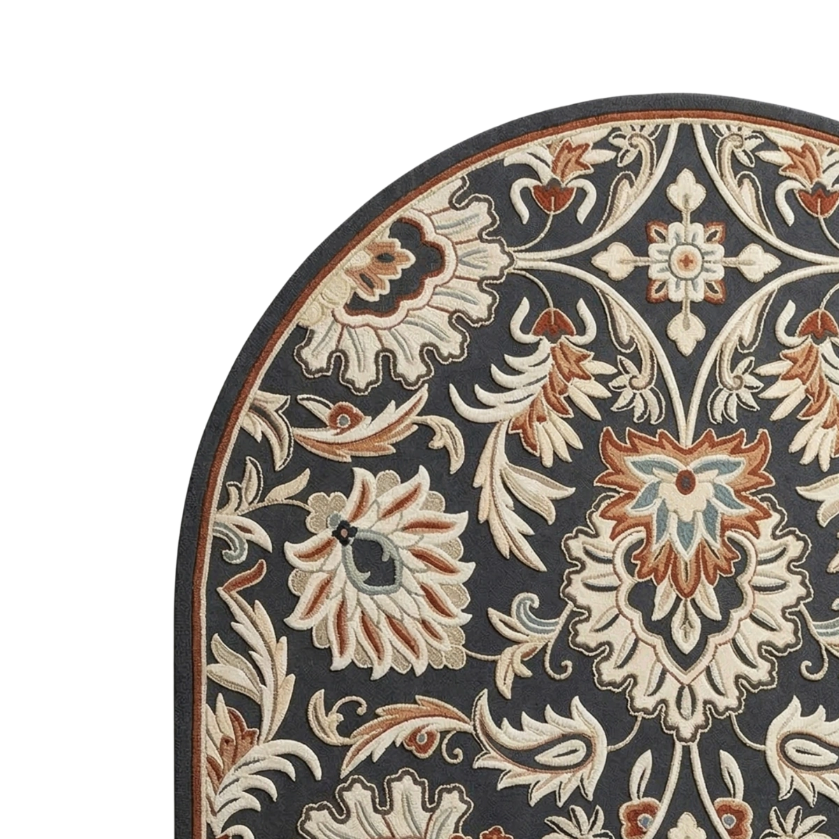 A close-up of an oval area rug with a classic floral and scroll pattern in cream, rust orange, and light blue on a dark charcoal gray background.