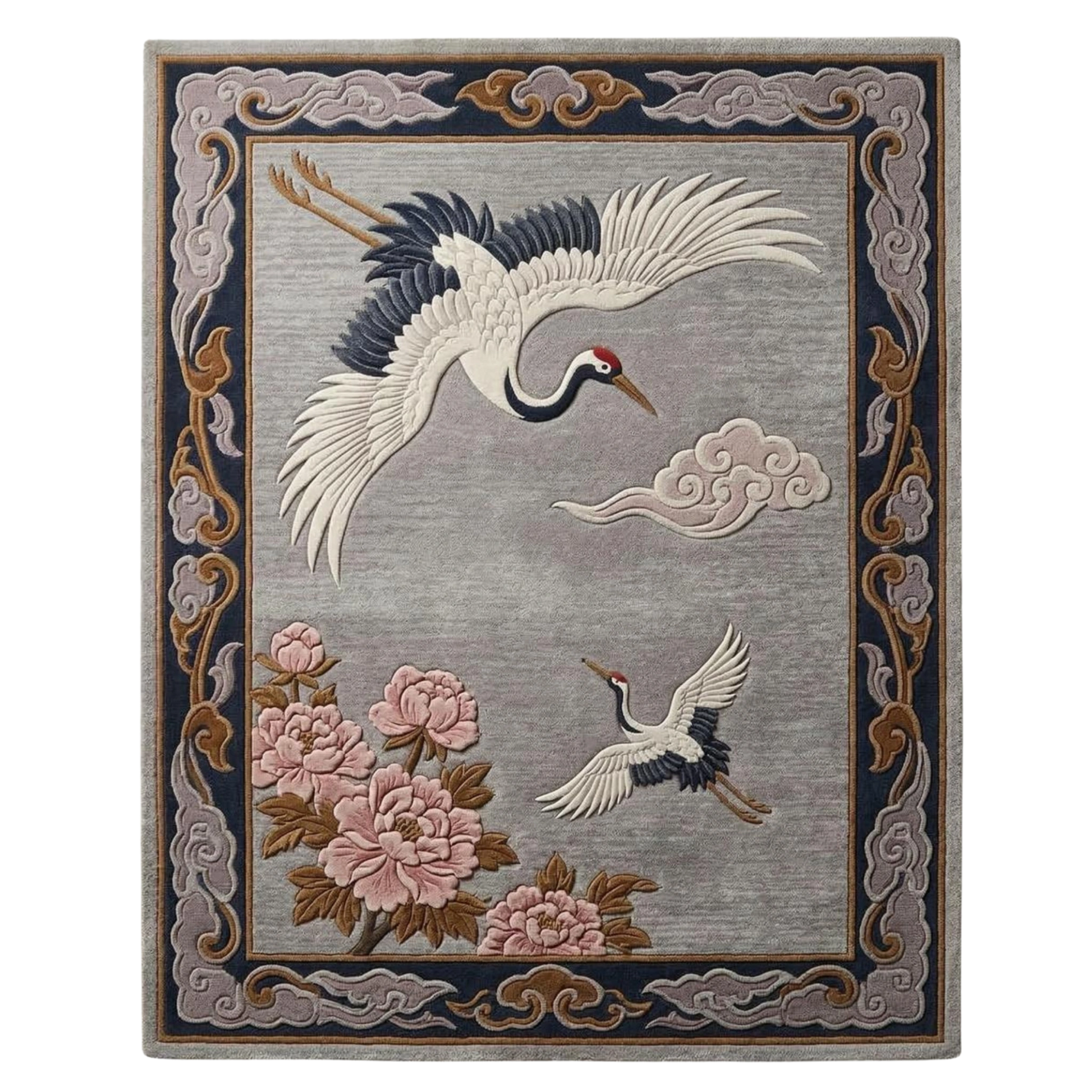 Chinoiserie crane hand-tufted wool area rug with floral design and decorative border