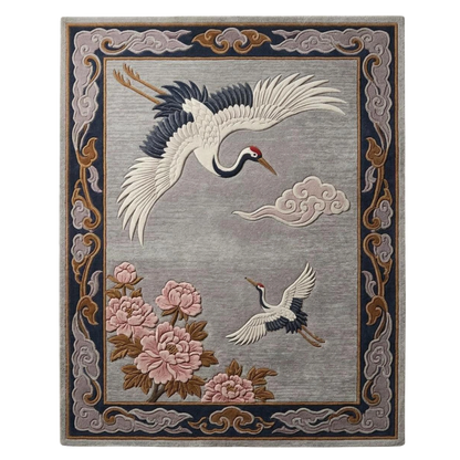 Chinoiserie crane hand-tufted wool area rug with floral design and decorative border