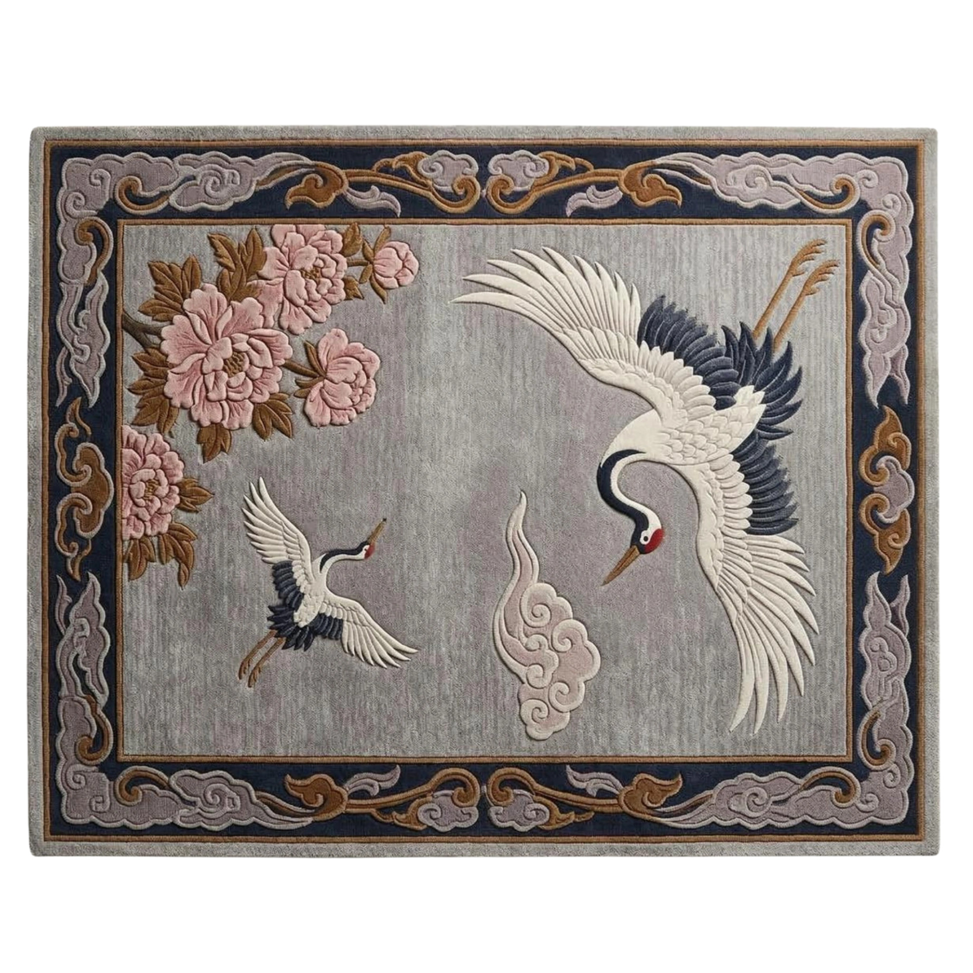 Elegant oriental crane rug with soft grey base and pink floral accents