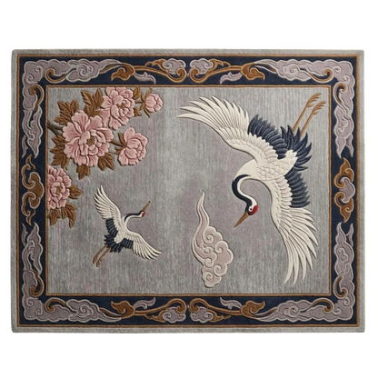 Elegant oriental crane rug with soft grey base and pink floral accents