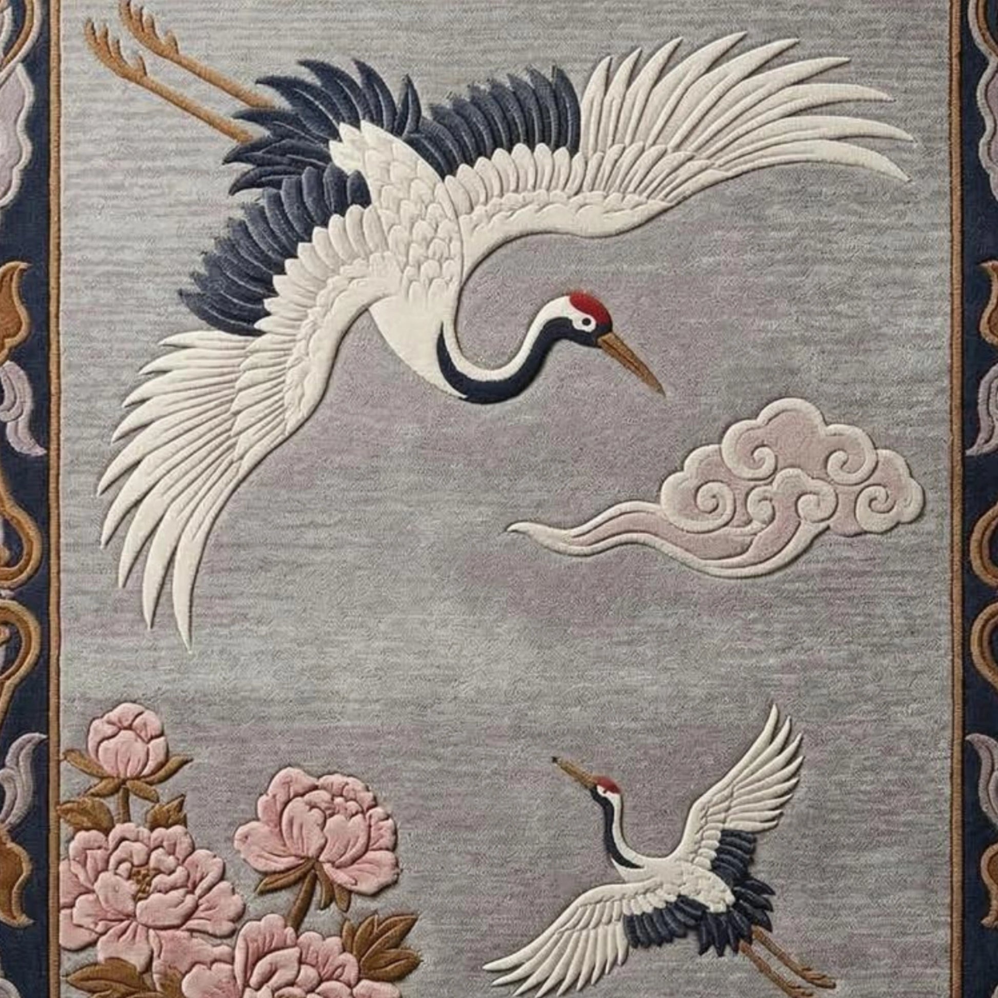 Luxury chinoiserie wool rug featuring flying cranes, clouds, and traditional motifs
