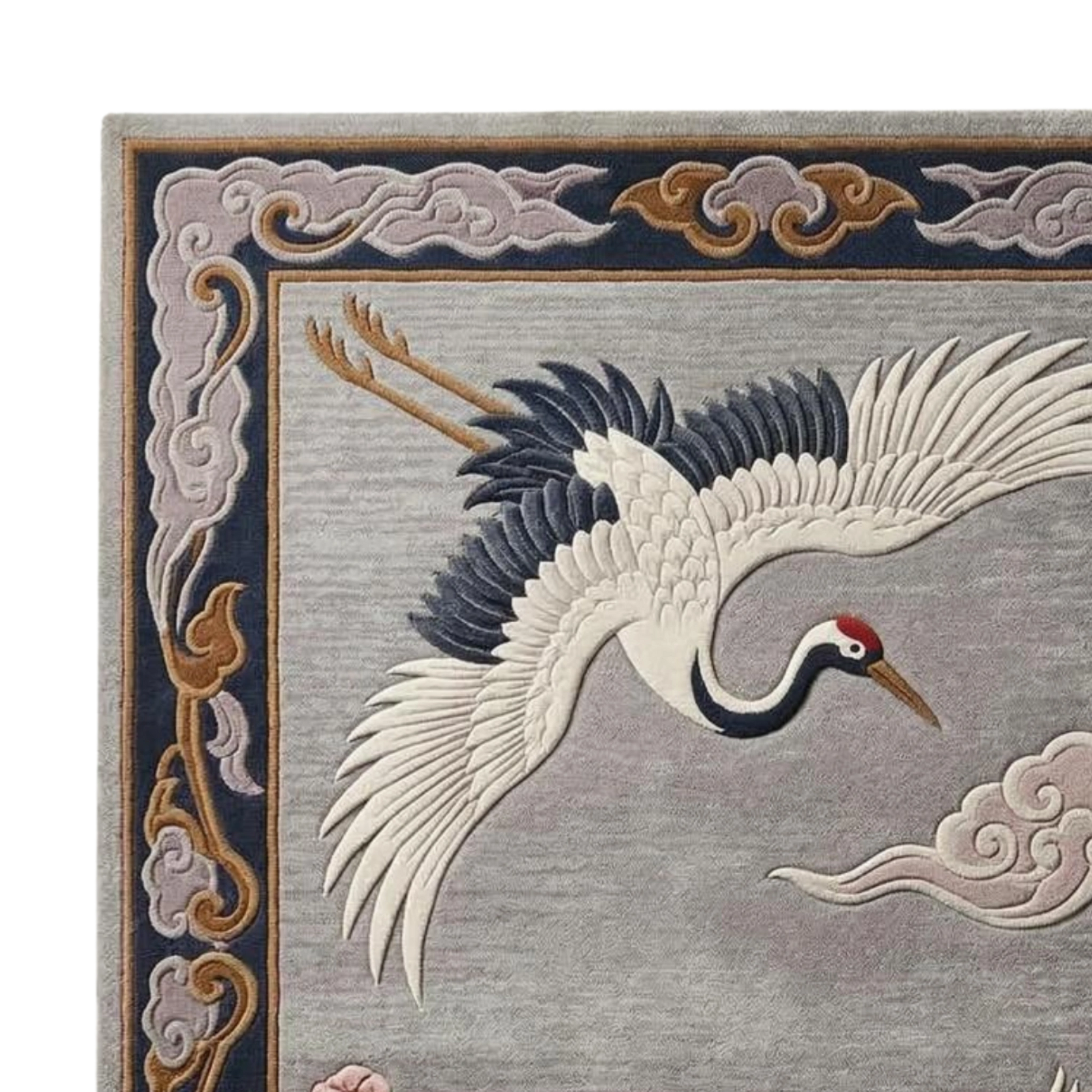 Hand-tufted crane and floral area rug with ornate border and neutral tones