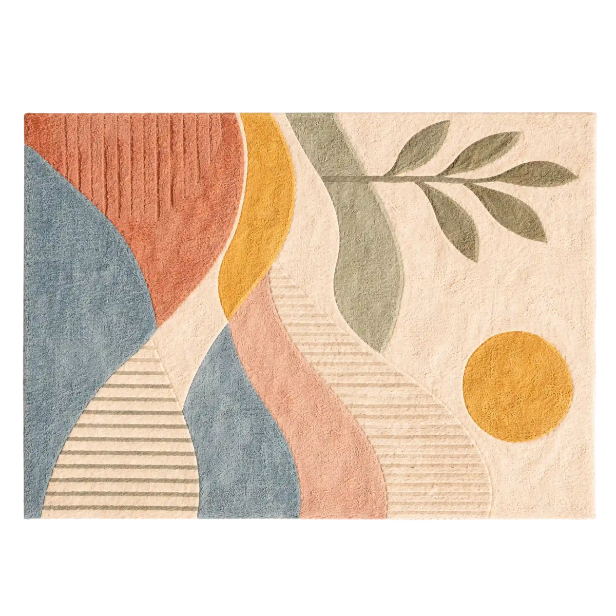 A square area rug with an abstract mid-century modern design featuring wavy organic shapes, a leaf motif, and a sun in muted colors of blue, terracotta, peach, mustard yellow, and sage green on a cream background.