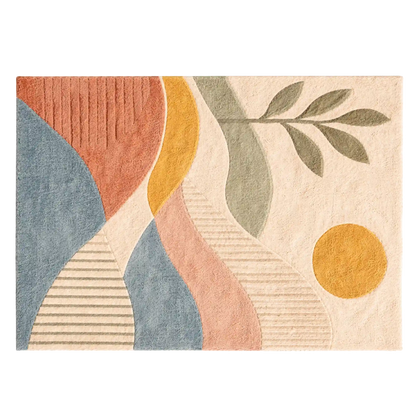 A square area rug with an abstract mid-century modern design featuring wavy organic shapes, a leaf motif, and a sun in muted colors of blue, terracotta, peach, mustard yellow, and sage green on a cream background.