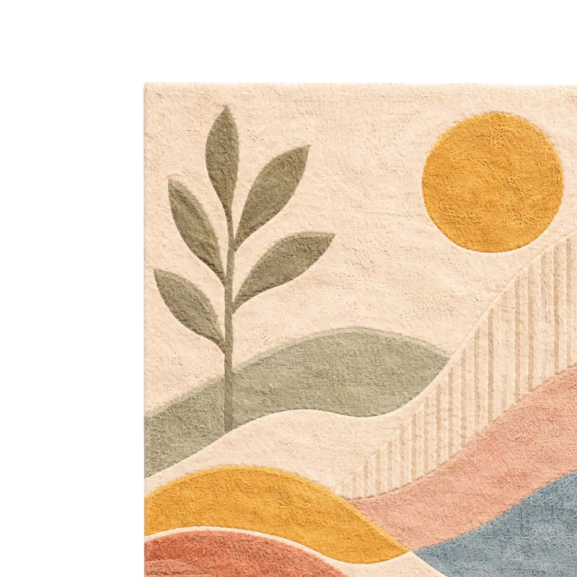 A close-up of a textured area rug featuring a minimalist abstract landscape design with a leafy plant, rolling hills, a sun, and wavy lines in muted beige, yellow, green, pink, and blue tones.
