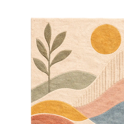 A close-up of a textured area rug featuring a minimalist abstract landscape design with a leafy plant, rolling hills, a sun, and wavy lines in muted beige, yellow, green, pink, and blue tones.